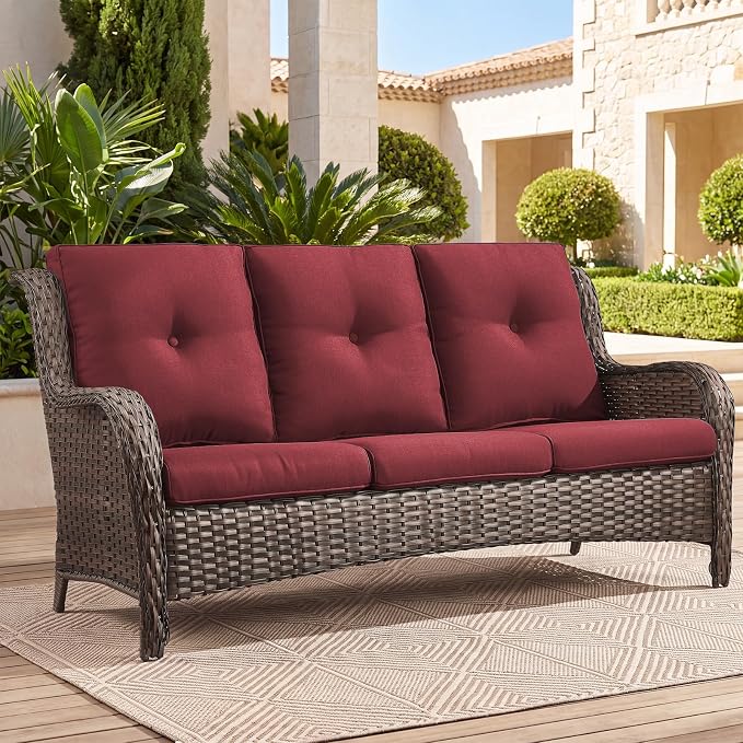 Belord Patio Sofa Luxury PE Wicker 3-Seater Outdoor Couch, Modern All-Weather High Back Deep Seat Woven Furniture Set for Porch, Deck, Balcony, Backyard - Brown/Red