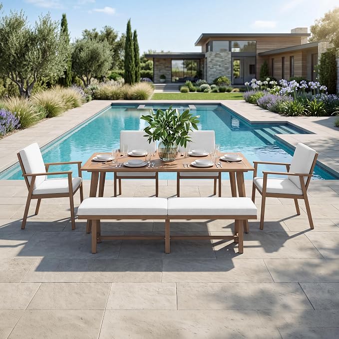 6 Pieces Never-Rust Outdoor Dining Set, Aluminum 8-Person Dining Table with 4 Chairs and 3-Person Backless Bench, Outdoor Patio Dining Furniture Set with Cushion for Lawn, Deck, Garden, Teak
