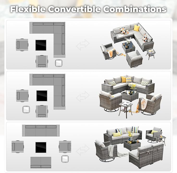 ovios 9 Pieces Patio Furniture Set, Outdoor Wicker Sectional Sofa with 2 Swivel Chairs Coffee Table, Modern Modular Deep Seat Rattan Couch Conversation Sets, Beige