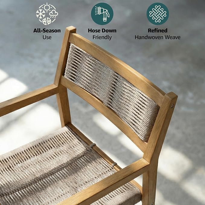 Acacia 7 Pieces Outdoor Dining Set for 6-Person, 63" L Classic Rectangular Table & 6 Handwoven Rope Chairs - Eucalyptus Grandis Solid Wood, Weather Resistant Patio Furniture Set, Natural