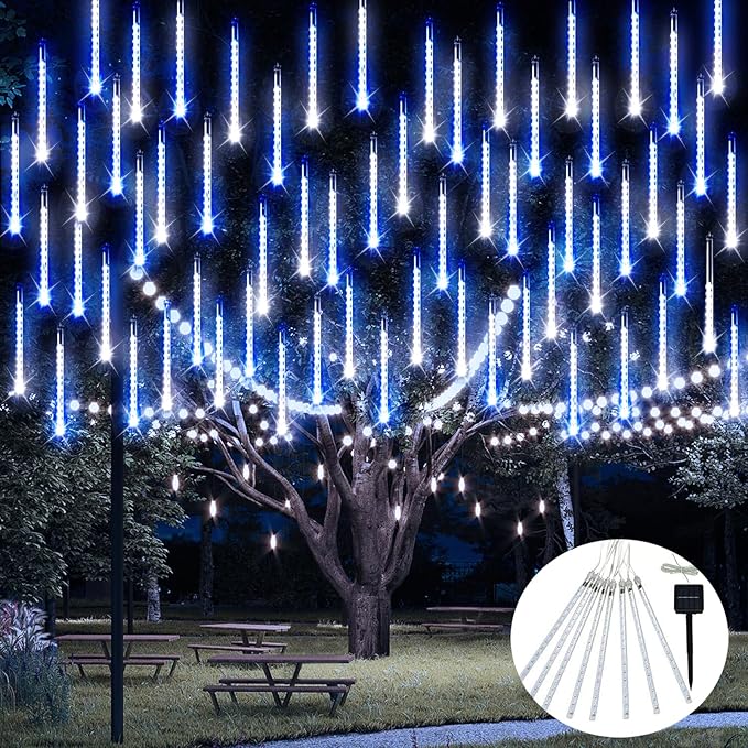 JMEXSUSS Blue and White Solar Meteor Shower Rain Lights | 8 Tube 144 LED Solar Christmas Lights for Party Holiday Yard Patio Decorations