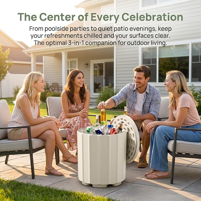 Zapdos 3-in-1 Outdoor Cooler Side Table, Dense Fluted Design, 16.5in Patio Ice Bucket, 330lbs Capacity, No Assembly, White
