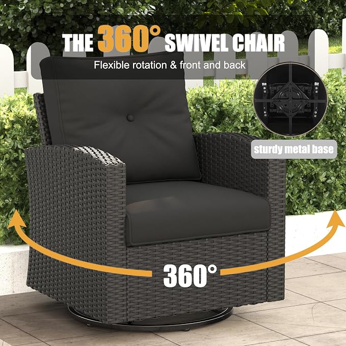 LayinSun 13 Pieces Patio Furniture Set with Fire Pit Table, Black Rattan Modular Sectional Outdoor Conversation Sofa Set, Swivel Rocking Chairs Set