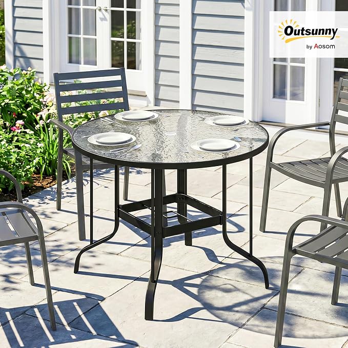 Outsunny 38" Round Patio Table with Umbrella Hole, Outdoor Dining Table Tempered Glass Metal Frame Bistro Table, for Deck, Yard, Balcony, Lawn, Pool, Black