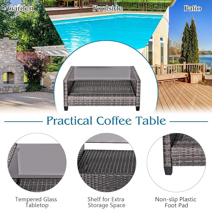Tangkula 8 PCS Patio Wicker Conversation Furniture Set, Outdoor Rattan Sofa Set with Padded Cushion & Tempered Glass Coffee Table, Wicker Sectional Sofas & Table for Courtyard Balcony Garden (2, Grey)
