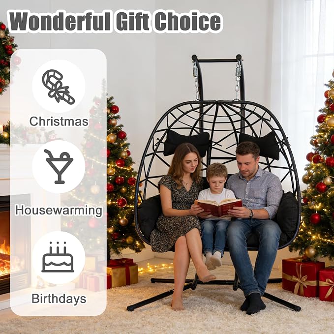 Double Egg-Shaped Hammock Chair, Swing Egg Chair, Wicker Hanging Chair with Removable Washable Cushion
