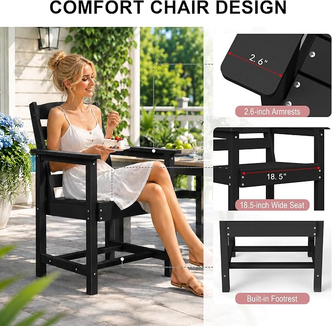 Domi HDPE Outdoor Dining Set, All-Weather Outdoor Dining Table Set of 3 with 2" Umbrella Hole, Outdoor Patio Dining Set for Garden, Poolside, Backyard, Deck, Black