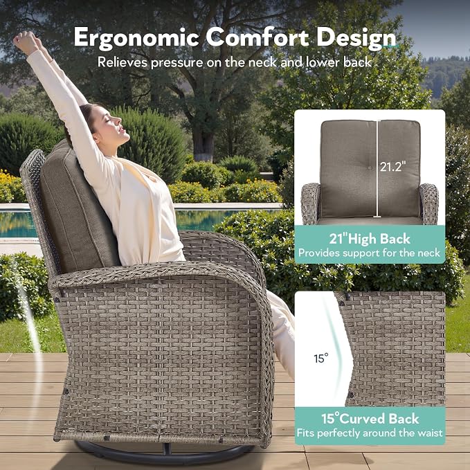 6 Piece Patio Furniture Set - Wicker Patio Conversation Set with Swivel Glider, 3-Seater Sofa, Tempered Glass Side Table and 2 Ottomans for Deck Backyard - Grey Wicker Grey Cushion