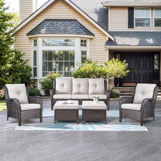Belord Outdoor Wicker Furniture 5 Pieces Patio Furniture Sofa Set Patio Wicker Chairs with Ottomans Conversation Set for Porch Garden Deck Balcony Poolside