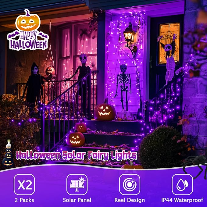 JMEXSUSS 2 Pack Solar Halloween Lights, 33FT 100 LED Purple Fairy Lights | Outdoor Waterproof, 8 Modes Solar String Lights for Outside Tree Party Patio Garden Christmas Halloween Decorations