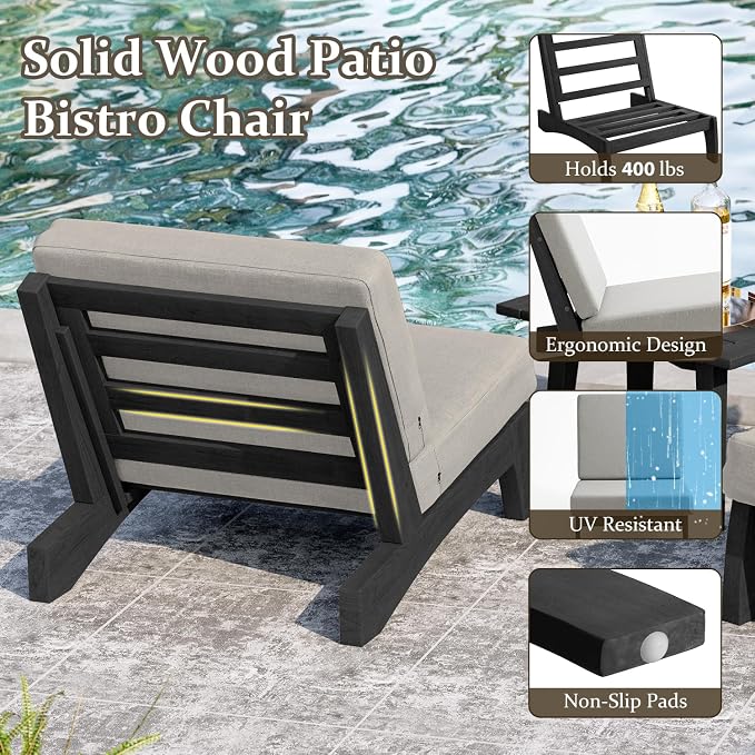 Pia Ricoo 3 Piece Patio Bistro Set with Patio Chairs and Table, Heavy Duty Wood Patio Furniture Set, All-Weather Outdoor Chairs for Balcony, Deck, Poolside, Porch - Light Camel/Dark