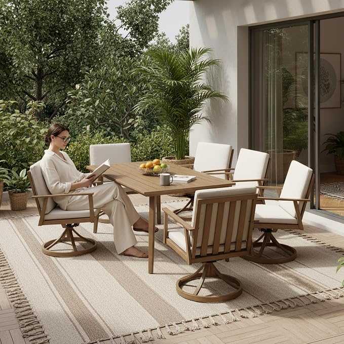7 Pieces Patio Dining Set for 6, Aluminum Outdoor Dining Table Sets with Umbrella Hole, Modern Outdoor Patio Furniture Set with 6 Swivel Chairs and Table for Backyard, Poolside and Deck,Teak