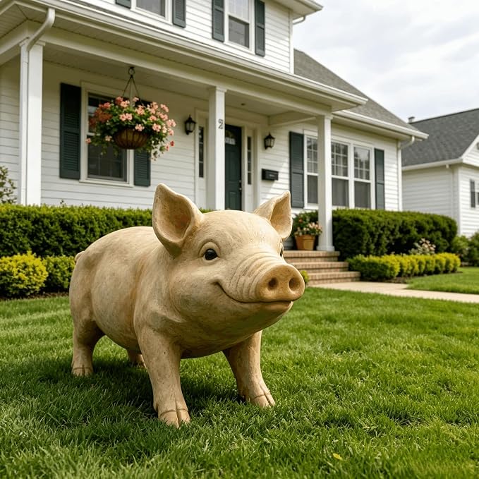 25.6" Cute Pig Resin Garden Statue | Farmhouse Animal Yard Decor, Lifelike Farmhouse Pig Sculpture, For Yard or Patio