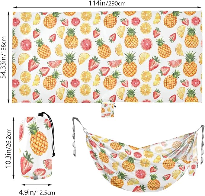 Camping Hammock Outdoor Hammocks for Outside Pineapple Grapefruit Strawberry Beach Trees Portable Lightweight with Pockets Tree Straps Indoor
