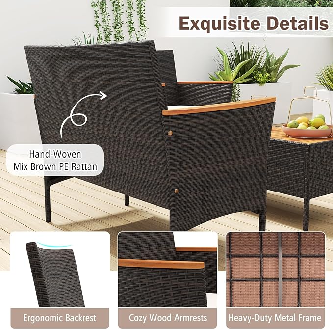 Tangkula 4 Pieces Patio Wicker Sofa Set, 2 Rattan Chairs & Loveseat w/Coffee Table, Acacia Wood Armrests & Tabletop, Outdoor Cushioned Conversation Set for Backyard, Poolside (Beige, 4 Pieces)