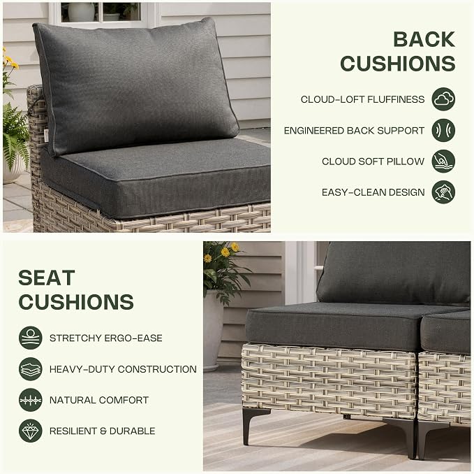 10 Pieces Patio Furniture Set, Outdoor Conversation Set with 360° Swivel Rocker Chairs, Wicker Modular Sectional Sofa & Solar Coffee Table, High Back Outdoor Furniture L Shaped Couch for Porch, Black