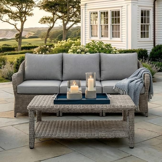 Martha Stewart Lily Pond Rattan Wicker Indoor-Outdoor Patio Coffee Table with Lower Storage Shelf in Weathered Gray