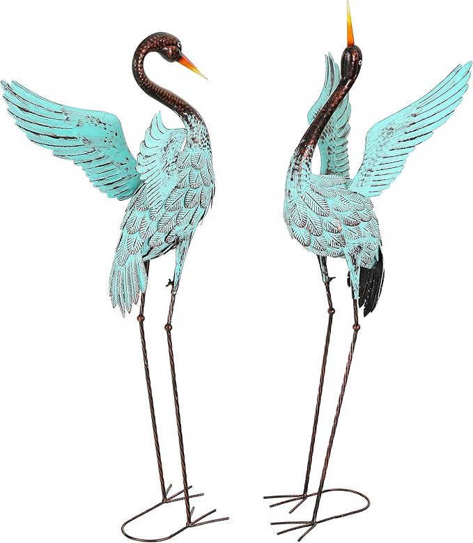 47.5" Blue Heron Decor, Metal Crane Statue Handcrafted | Extra-Large Metal Garden Bird Animal Yard Art, Stable U-Ground Stakes, Backyard Decoration for Lawn
