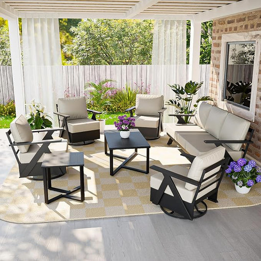 COOS BAY Iron Luxe 7 Piece Outdoor Patio Furniture Set, Modern Patio Conversation Set with 4 Swivel Rocking Chairs, a 3 Seat Couch, Coffee Table & Side Table for Deck, Garden, Porch, Black/Beige