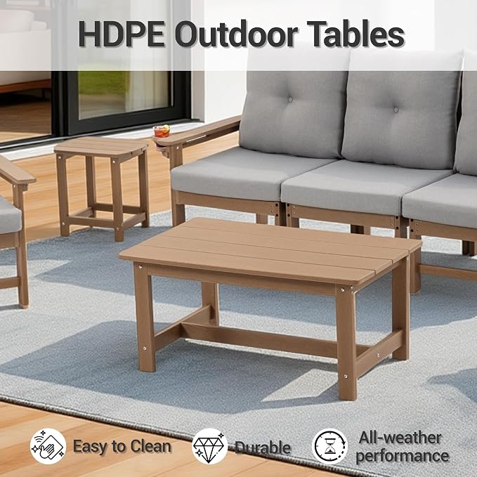 7-Piece HDPE Patio Conversation Set w/ 4 Cup Holders, All-Weather Outdoor Sectional Furniture, Thick Washable Cushions, Coffee Table & Side Table for Backyard Porch Poolside, Brown