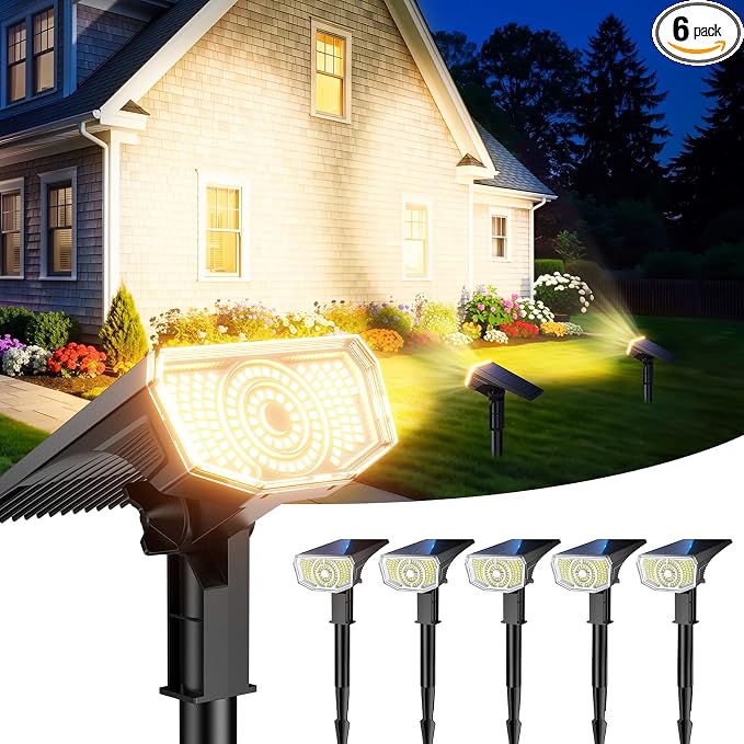 Solar Spot Lights Outdoor Waterproof IP65, 100 LED Solar Lights Outdoor | Super Bright Solar Spotlights 3000K&2 Lighting Modes , 2-in-1 Ground Spike & Wall Mount Solar Landscape Spotlights for Yard