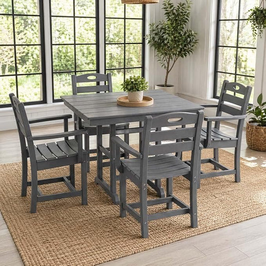 WILLIAMSPACE 37.8" Outdoor Patio Dining Set with 4 Armchairs, All Weather HDPE Square Dining Table with Umbrella Hole, Patio 5-Piece Bistro Set for Backyard, Balcony, Lawn, Kitchen (Gray)
