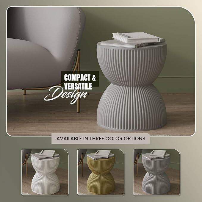 LeisureMod 15" Round Hourglass Fiberstone Side Table, Modern Accent End Table for Indoor Outdoor Use, Durable Small Table for Living Room, Patio, Balcony, or Garden - Grey