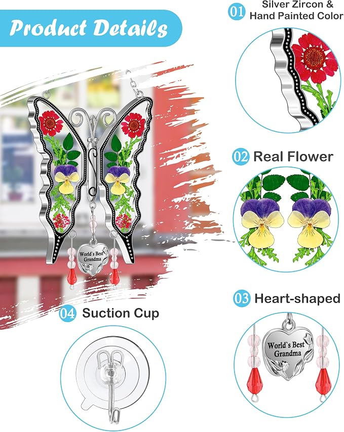 KY&BOSAM New Butterfly Suncatcher Stain Glass World`s Best Grandma Butterfly Suncatcher Hanging for Window Wind Chime Gifts for Grandma Mother`s Day Valentine's Birthday Christmas Thanksgiving | Wind Chimes Ornament,World's Best Grandma Charm,Slive Met...
