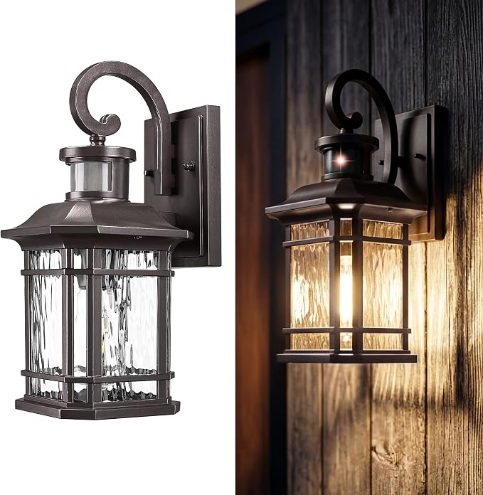 Emliviar Vintage Motion Sensor Wall Mount, 13.5" Outdoor Wall Light with Water Ripple Glass, Outside Farmhouse Lamp for Warehouse, Oil Rubbed Bronze Finish, 2084B-SE ORB-SW
