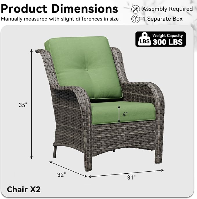 Patio Chairs Set of 2, Outdoor Wicker Patio Furniture Set with Thickened Olefin Cushions, High Back and Deep Seating, Wide Curved Armrest Hand-Woven PE Rattan for Porch, Deck, Green