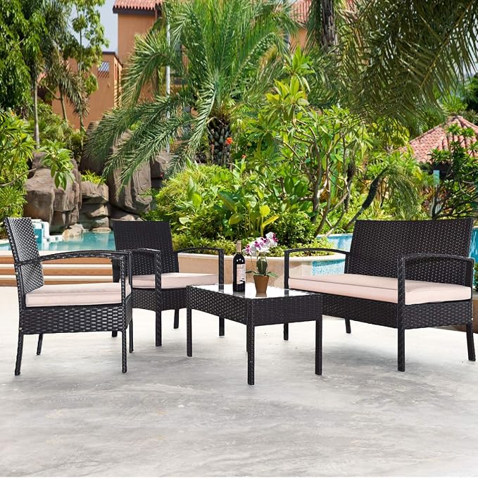 COSTWAY 8 PCS Patio Rattan Conversation Furniture Set Cushioned Seat Glass Tabletop