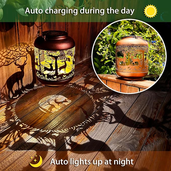 Deer Solar Lanterns Outdoor Waterproof Hanging Solar Lights Deer Gifts for Women Men Metal Decorative LED Lanterns for Yard,Patio,Lawn,Tabletop,Pathway,Landscape,Garden Decor