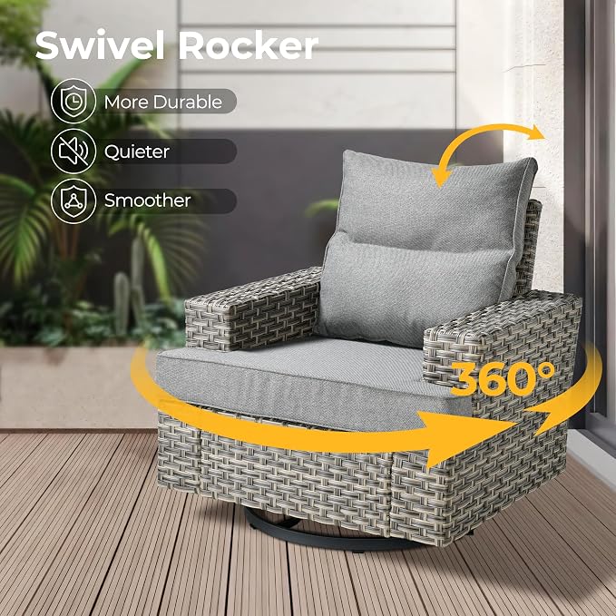 HOOOWOOO Outdoor Sectional Patio Furniture Set with Fire Pit Table,13 Pieces Wicker Conversation Sets L Shaped Couch,Extra Deep Out Door Sofa Outside Furniture with Swivel Chairs Ottoman,Charcoal Gray