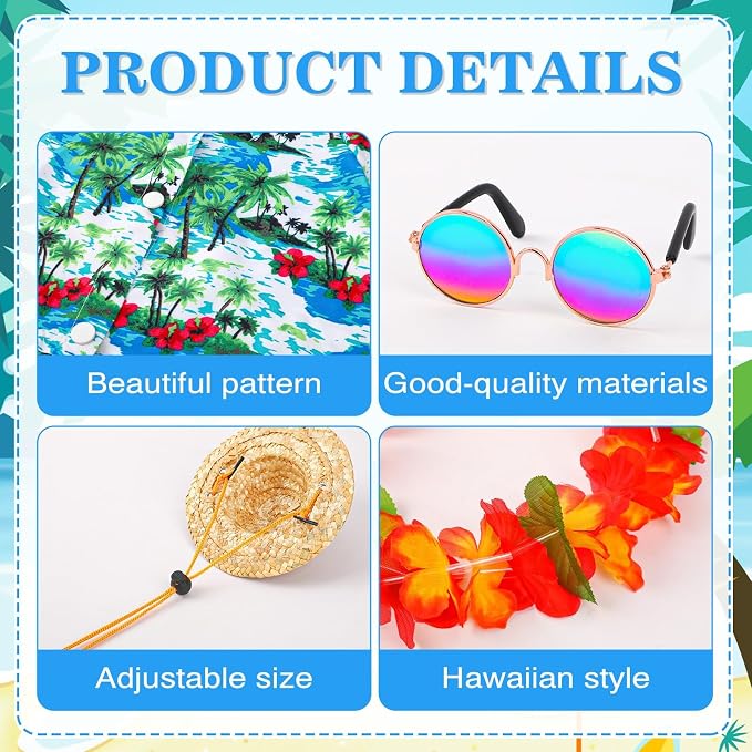 4 Pcs Hawaiian Porch Goose Outfit for 23 In Goose Statue Costume | Summer Porch Goose Outfits with Straw Hat Sunglasses and Lei, for 23 Inch Cement Goose, Luau Party Yard Garden Summer Decor