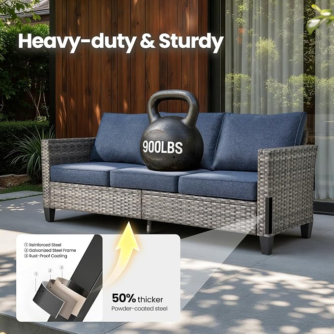 5 Piece Wicker Patio Furniture with Swivel Rocker Chair,Denim Blue | High Back Swivel Rocker Chairs, All Weather Rattan Outdoor Sofa, Solar Lights Table, Modern Conversation Sets, Deck Backyard
