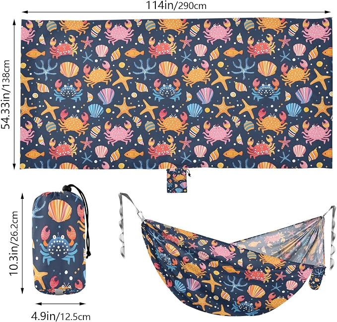 Camping Hammock Outdoor Hammocks for Outside Crabs Shells Starfish Beach Trees Portable Lightweight with Pockets Tree Straps Indoor
