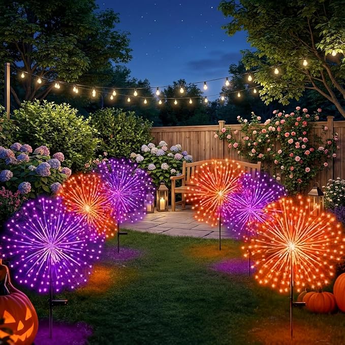 Tujoe 8 Pcs Halloween Solar Firework Stake Lights 180 LED 8 Modes Solar Waterproof LED Sparkler Lights Outdoor Decoration for Garden Patio Yard Pathway Walkway Lawn(Orange-Purple)