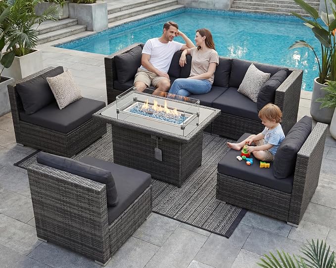 NICESOUL Extra Large Rattan Patio Furniture Set with Gas/Propane Fire Pit Table, 29.3'' High Back Comfy Outdoor Sofa Conversations, 7 Piece Moden Deep Wide Seated Sectional Couch for Backyard, Gray