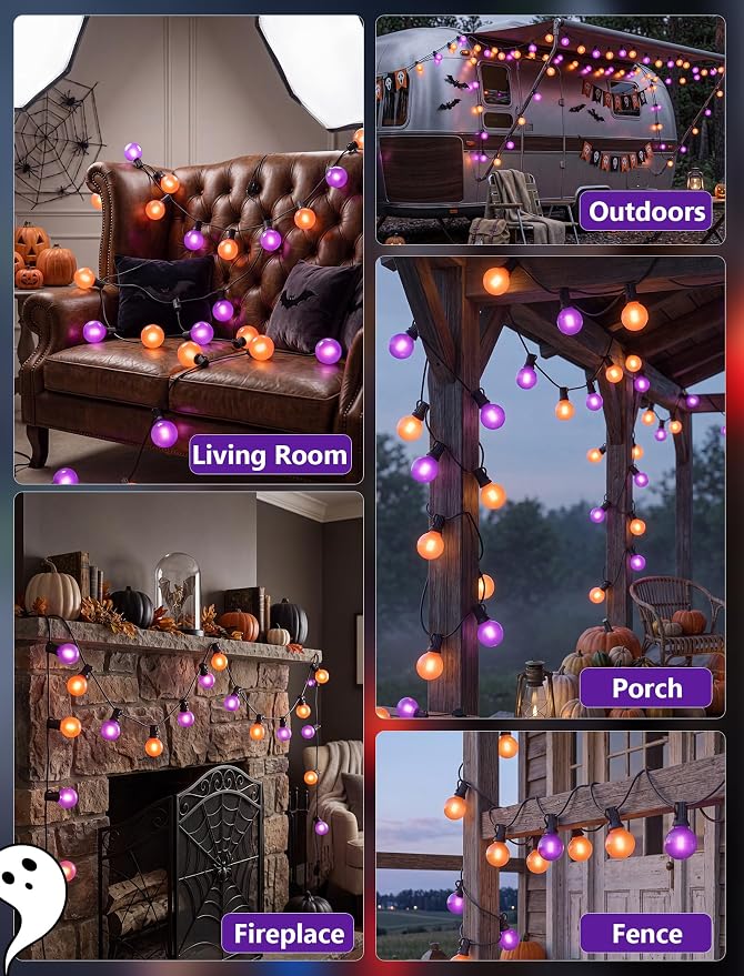 Orange and Purple Halloween Lights Outdoor, 25Ft 27 G40 Shatterproof Bulbs | Connectable Globe Patio Lights, Waterproof Halloween Decorations Lights for Outdoor Indoor Patio Home Party Garden Yard Decor