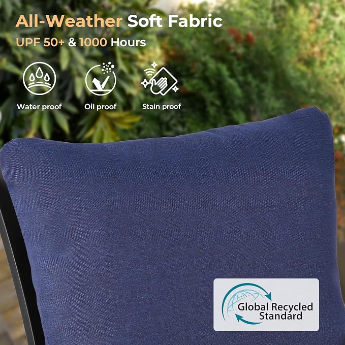 HAPPATIO 7-Piece Patio Dining Set, Outdoor Dining Set with Powder-Coated Metal,Dining Table with Umbrella Hole, 6 Swivel Chairs with Removable Cushions for Porch Poolside Garden,Navy Blue