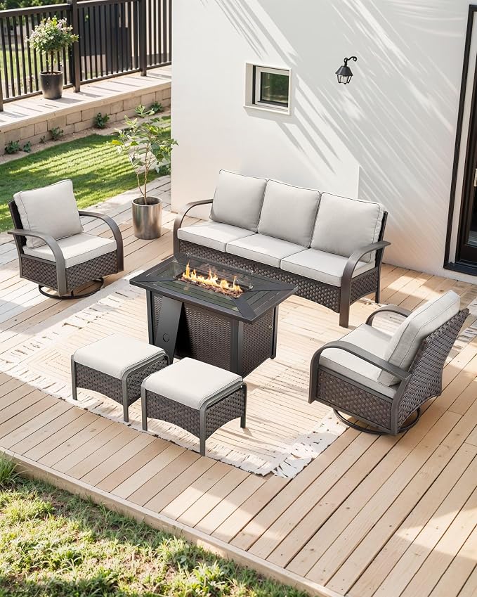 HUMMUH Patio Conversation Sets with Fire Pit-All Weather Wicker Outdoor Swivel Chair with Patio Couch Outdoor Patio Furniture for Deck Porch Garden Poolside Backyard-Brown/Beige