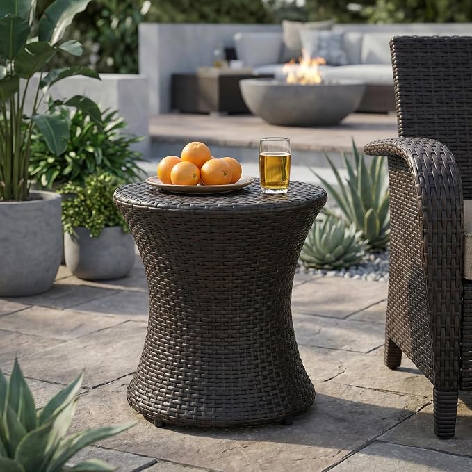 Outdoor PE Rattan Hourglass Side Table 19.75", No Assembly Wicker End Table, All-Weather Accent Table for Patio Balcony Living Room, Brown