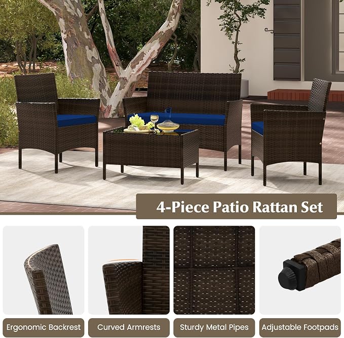 Tangkula 4 Piece Patio Rattan Conversation Set, Outdoor Wicker Furniture Set with Chair, Loveseat & Tempered Glass Table, Cozy Seat Cushions, Outside Sectional Sofa Set for Backyard
