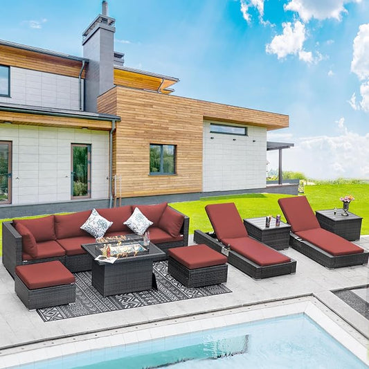 BULEXYARD 11 Piece Large High Back Grey Rattan Patio Furniture Sets with Firepit and Loungers, Comfortable Deep Wide Seat Outdoor Sectional Conversation Couch Sofa Modualr, Gray Wicker and Red Cushion