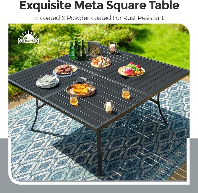 9 Pieces Patio Dining Set, 8 x Woven Rattan Chairs with Waterproof Cushion, 57.5" Square Metal Dining Table with Umbrella Hole, Outdoor Table and Chairs Set for Backyard Lawn and Deck, Beige