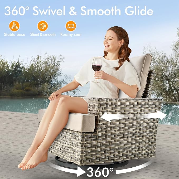 10 Pcs Outdoor Sectional Patio Furniture Set with Fire Pit Table and Swivel Rocking Chairs - All Weather Wicker Modular Outside Sectional Couch,Patio Seating Outdoor Conversation Sets,Beige