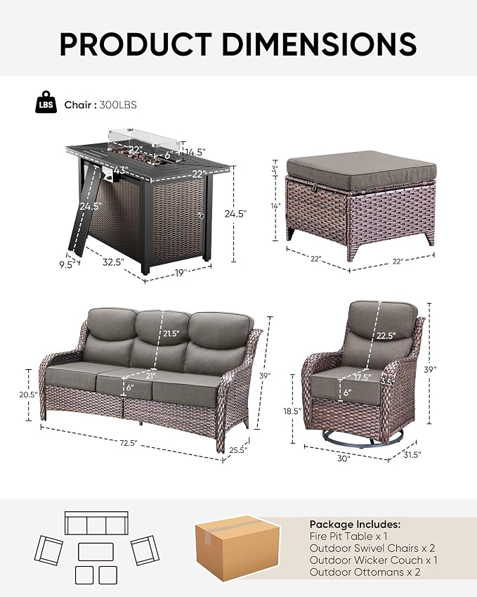 HUMMUH 6 Pieces Patio Furniture Set with Fire Pit High Back Outdoor Furniture Set 6-inch Cushions Wicker Patio Swivel Rocker Chairs for Balcony Garden,Lawn,Deck