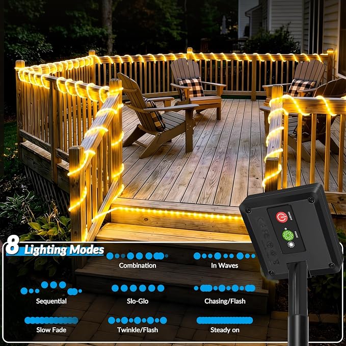 Solar Rope Lights, 2 Pack 20FT 60 LED Solar Fairy Lights with 8 Lighting Modes, IP65 Waterproof Strip Light Outdoor for Garden Yard Patio Deck Fence Tree Party Holiday Decoration, Warm White
