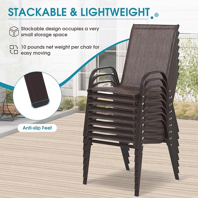 24.4" Wide Outdoor Stackable Chairs Set of 8, Stacking Patio Chairs with Textilene Fabric, Outside Furniture for Garden Backyard Balconie Poolside Deck, Brown