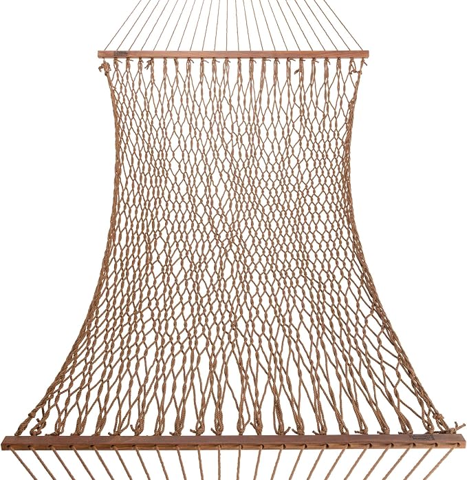Hatteras Hammocks Large Antique Brown DuraCord Rope Hammock – 13 ft. x 55 in., 2-Person, 450 lb Capacity, Cumaru Spreader Bar, Zinc-Plated Hardware – Handcrafted in The USA